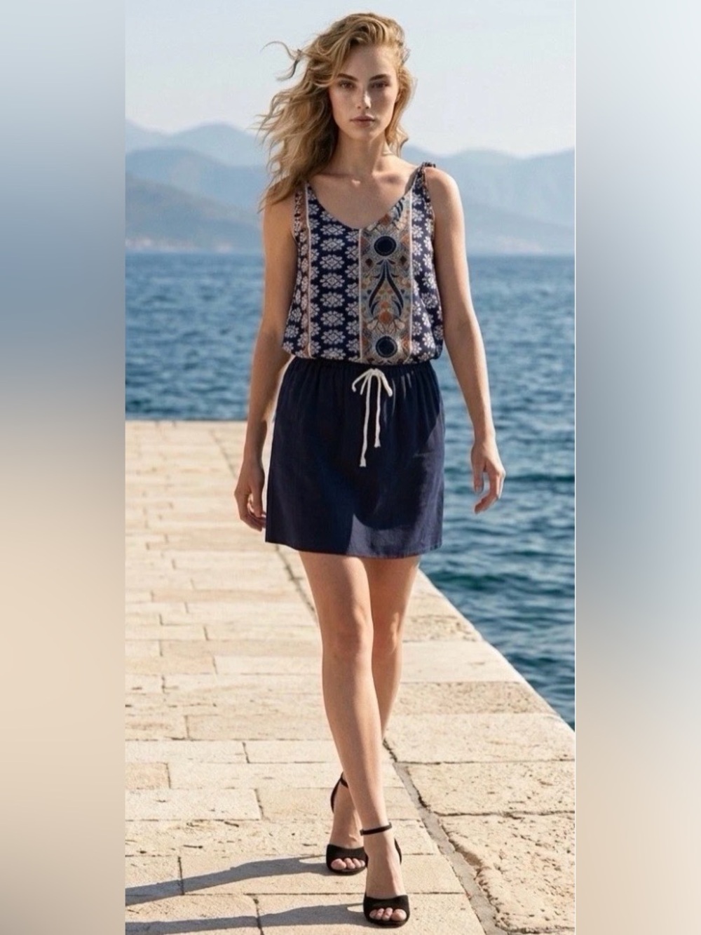 New Navy Blue Printed Tank Mini Dress